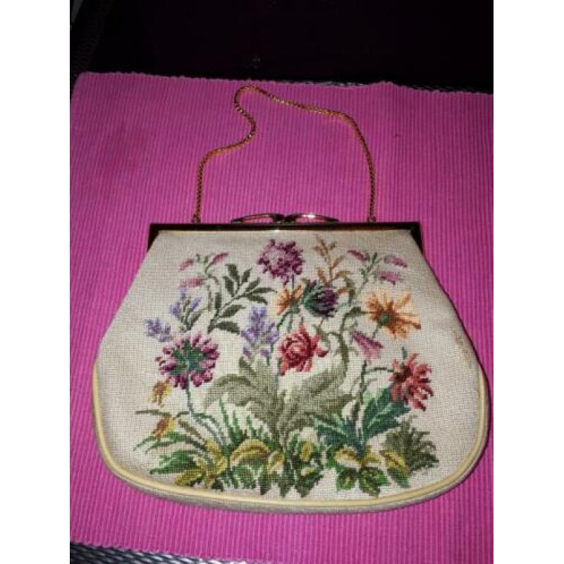 Antieke Geborduurde Dames Handtas Tas Vintage