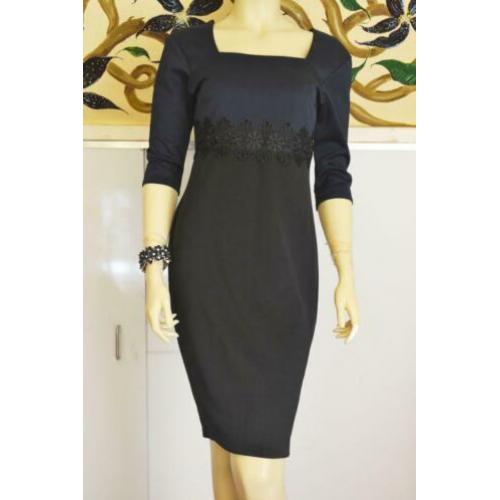 Donkerblauwe jurk met kant en lange mouwen 50s stijl 38 40