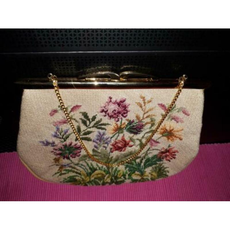 Antieke Geborduurde Dames Handtas Tas Vintage