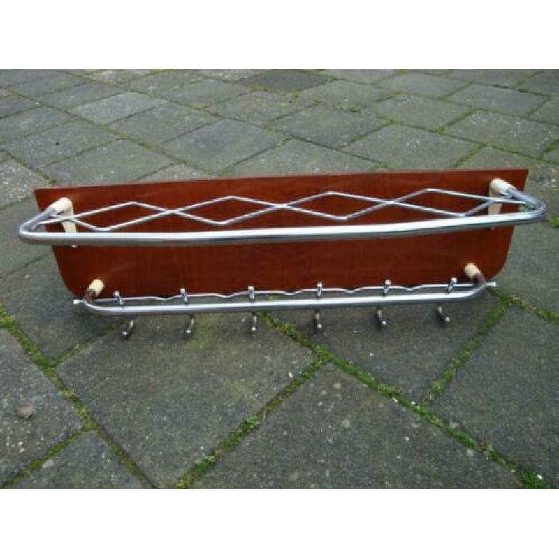 Vintage kapstok, wandkapstok, gebogen chroom, fineer, buis b