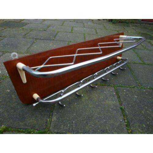 Vintage kapstok, wandkapstok, gebogen chroom, fineer, buis b