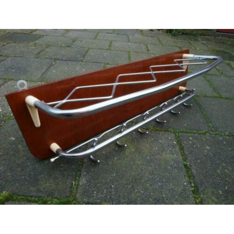 Vintage kapstok, wandkapstok, gebogen chroom, fineer, buis b