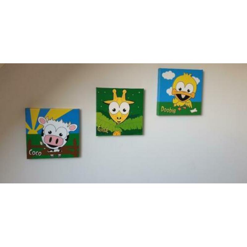 3 Schilderij-Kapstok-3 Kleding/hangers met Dieren ALS NIEUW