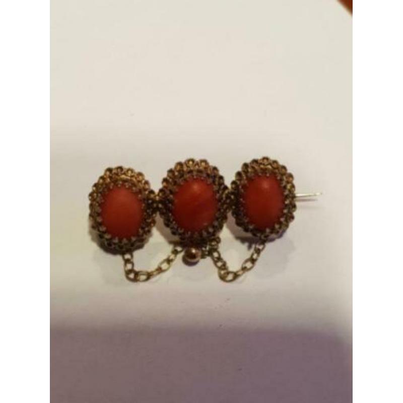 Mooie 14 karaat gouden Broche met Bloedkoralen