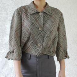 Vintage grijs blouse bruin rood stripe