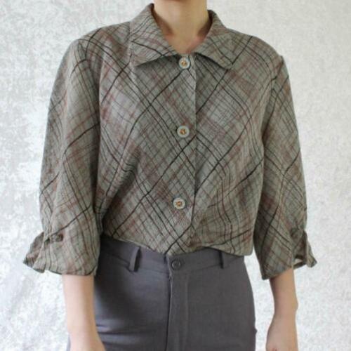 Vintage grijs blouse bruin rood stripe