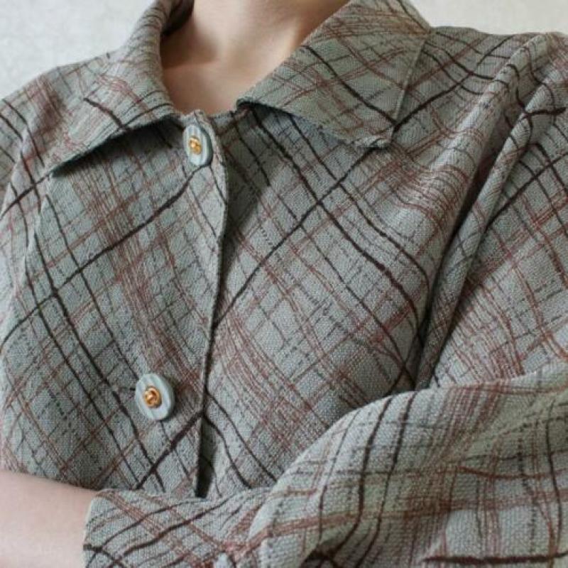 Vintage grijs blouse bruin rood stripe