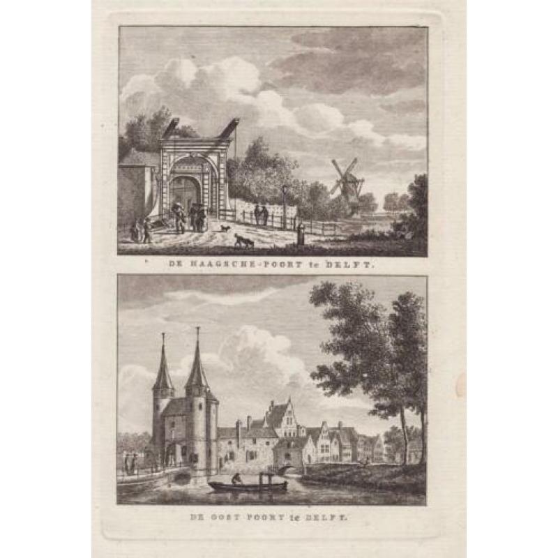 Delft molen Haagsche Poort + Oost Poort oude gravure / ets