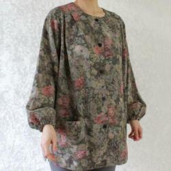 Vintage groen beige blouse rood bloem