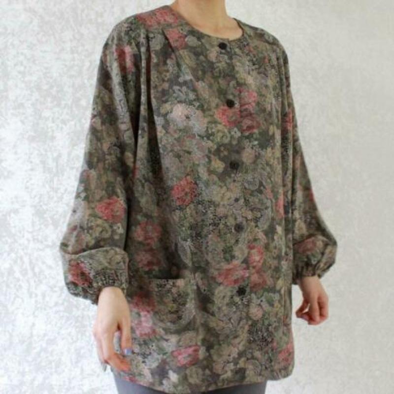 Vintage groen beige blouse rood bloem