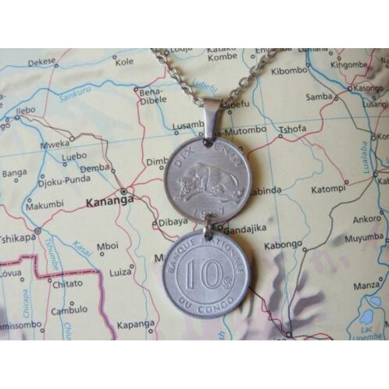 Congo: originele munt ketting/sleutelhanger reiscadeau