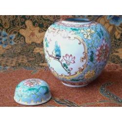 Mooi antiek Chinees gemberpotje van koper en emaille 10,7 cm
