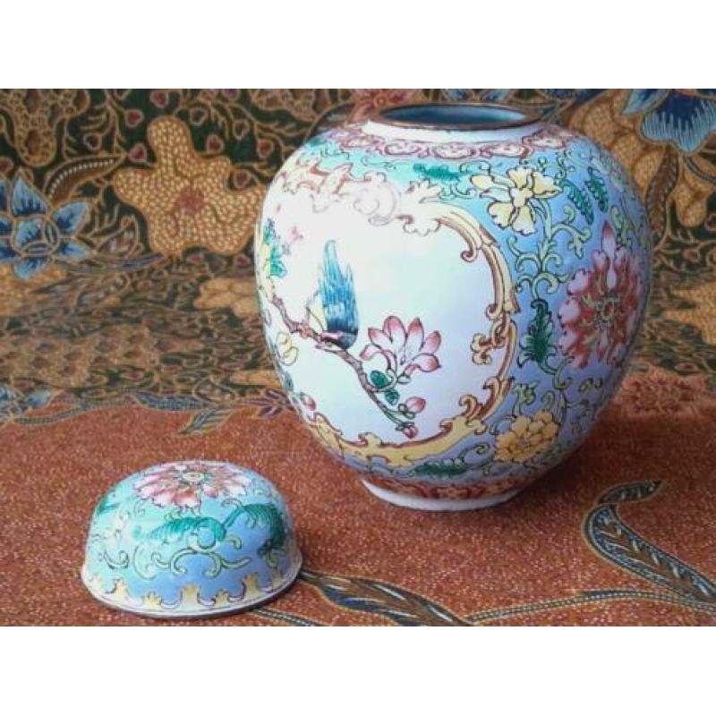 Mooi antiek Chinees gemberpotje van koper en emaille 10,7 cm