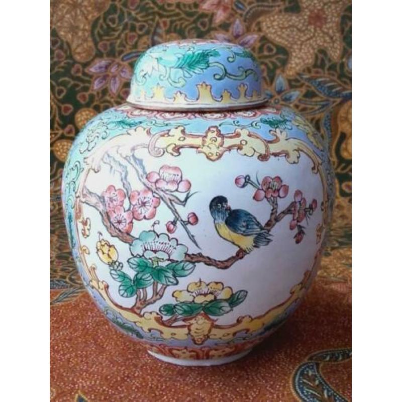 Mooi antiek Chinees gemberpotje van koper en emaille 10,7 cm