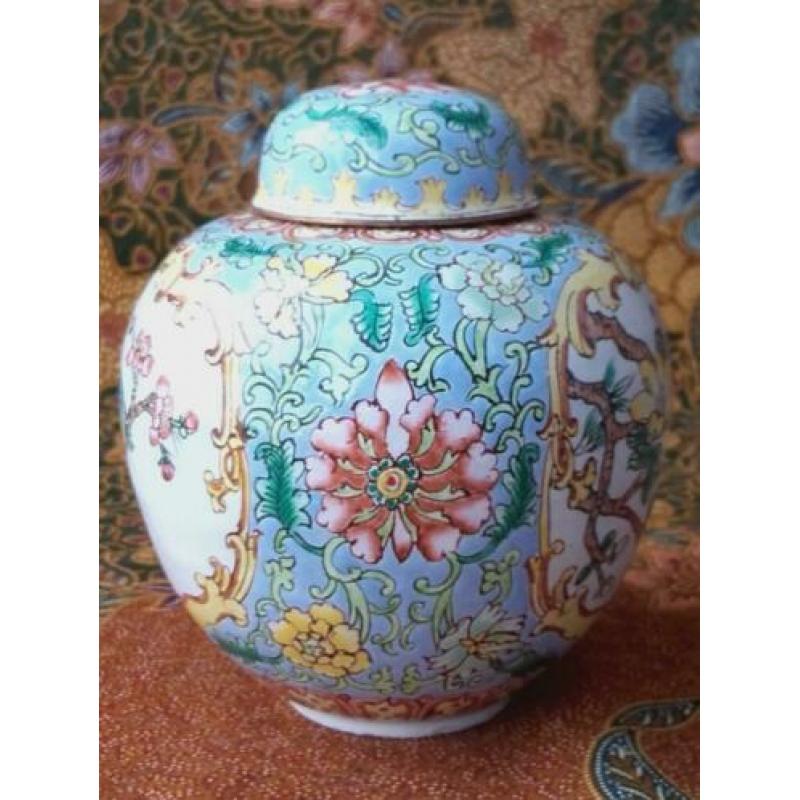 Mooi antiek Chinees gemberpotje van koper en emaille 10,7 cm