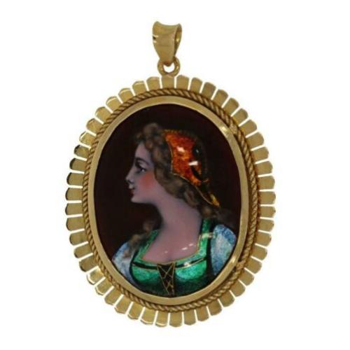 14 karaats gouden Vintage ketting hanger portret emaille