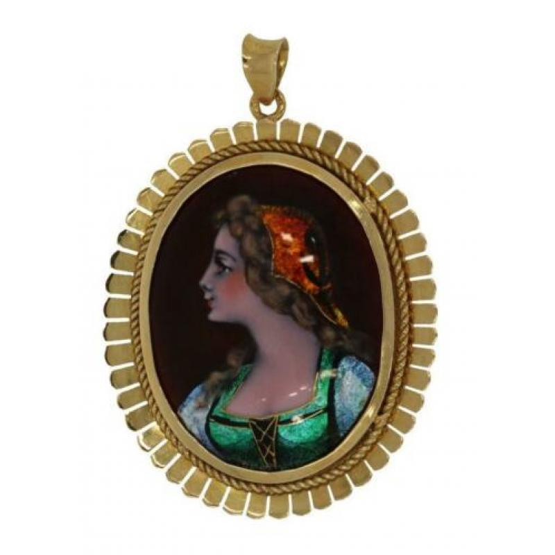 14 karaats gouden Vintage ketting hanger portret emaille