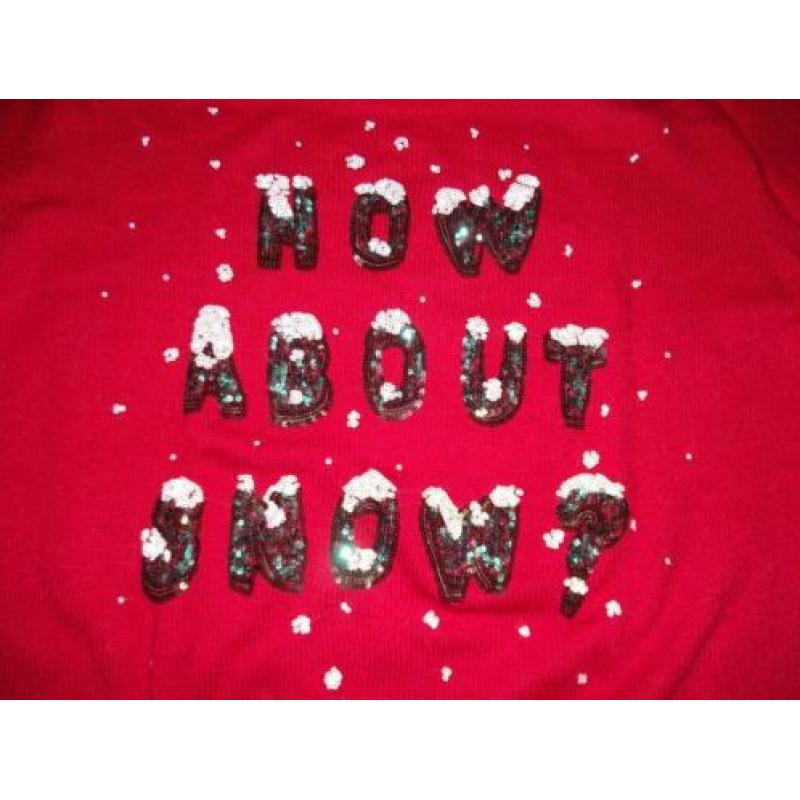 Te koop nieuw rood "How about snow?" trui + glitters: M