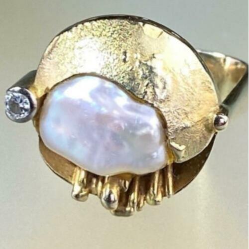 14k. gouden Parel ring met briljant