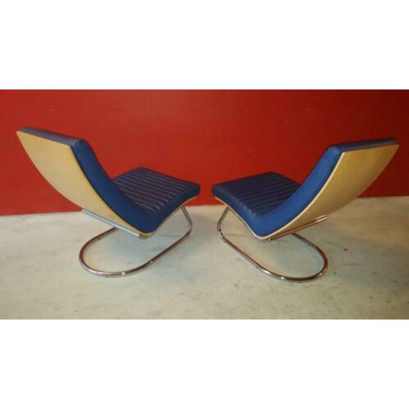 2 unieke zgan Leolux Wahwah leren/houten vintage relax stoel