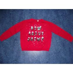 Te koop nieuw rood "How about snow?" trui + glitters: M
