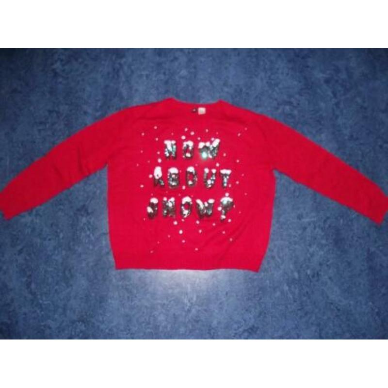 Te koop nieuw rood "How about snow?" trui + glitters: M
