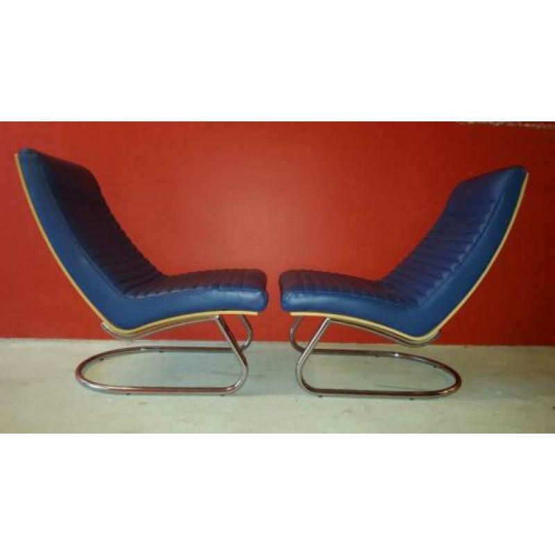 2 unieke zgan Leolux Wahwah leren/houten vintage relax stoel