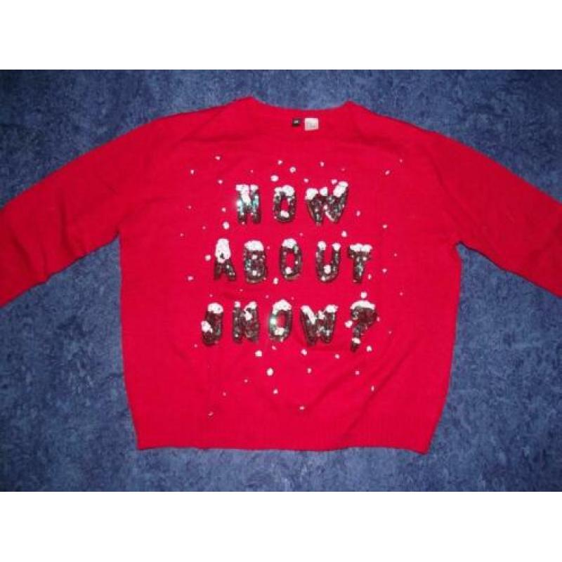 Te koop nieuw rood "How about snow?" trui + glitters: M