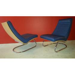 2 unieke zgan Leolux Wahwah leren/houten vintage relax stoel