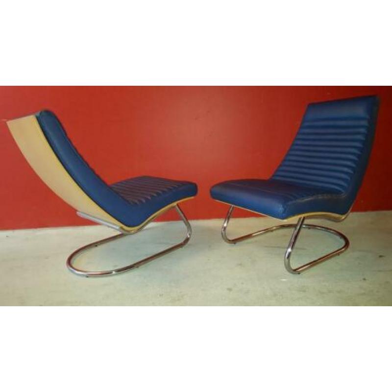 2 unieke zgan Leolux Wahwah leren/houten vintage relax stoel