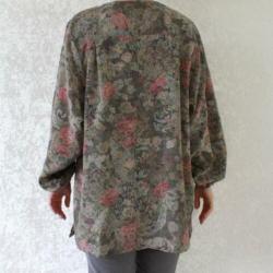 Vintage groen beige blouse rood bloem