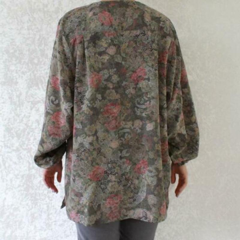 Vintage groen beige blouse rood bloem