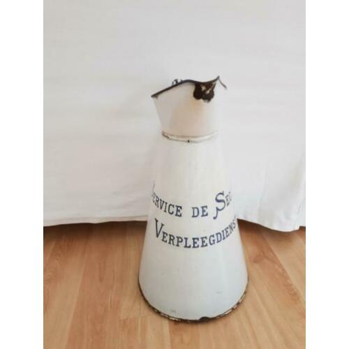 Emaille kan wit brocante Frans tekst.