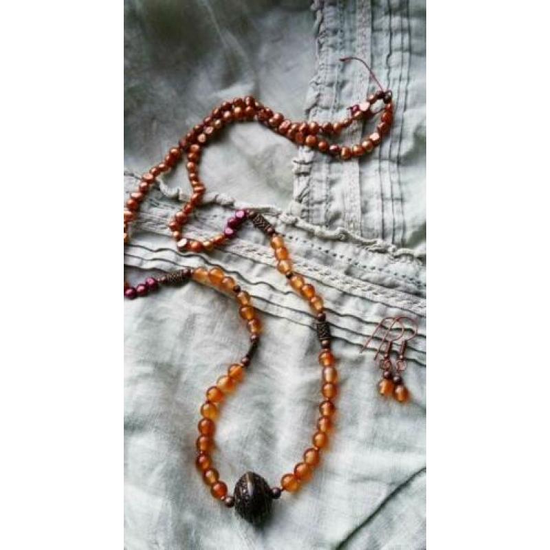 Zoetwaterparels agaat ketting en oorbellen set, boho chic