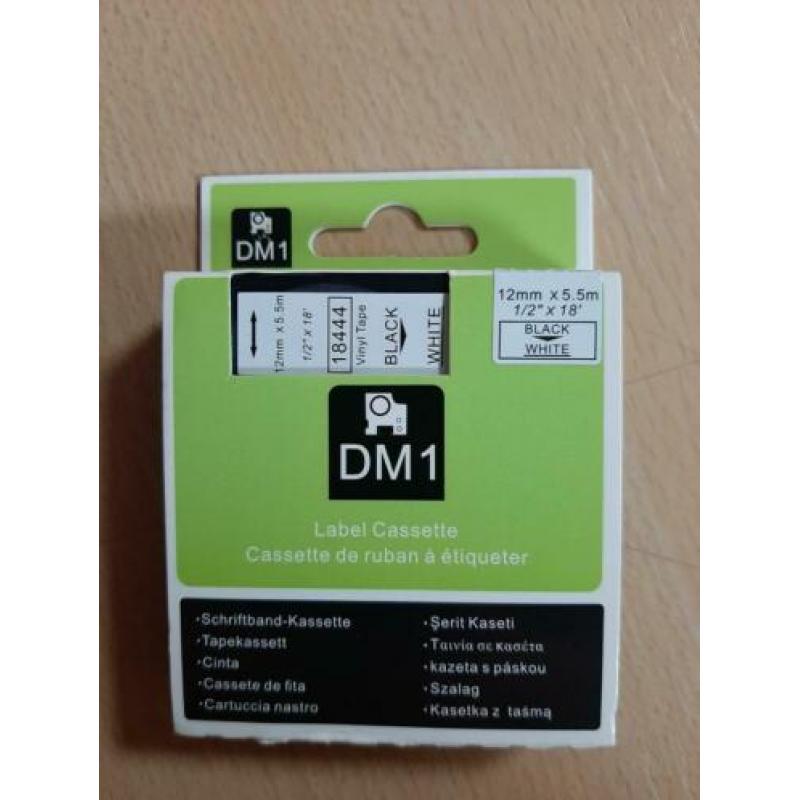 Dymo Rhino label cassette tape 12mm x 5.5 m wit met zwart