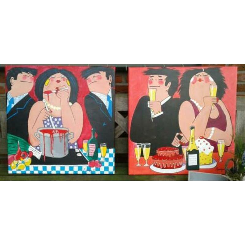 2x Dikke dames schilderijen