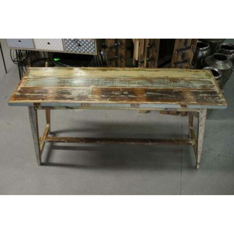 Leuk gekleurd houten bureau / sidetable + 2 krukjes India
