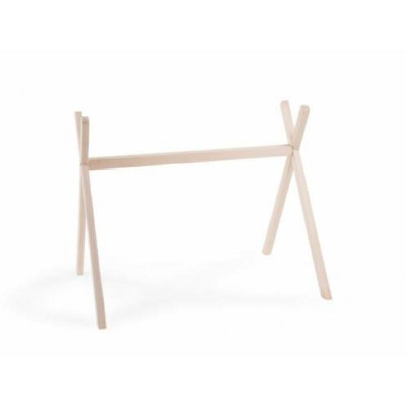 Houten babygym standaard gehaakt speelgoed roest oker grijs