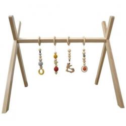 Houten babygym standaard gehaakt speelgoed roest oker grijs