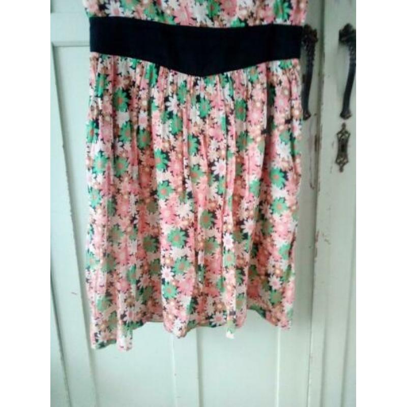 Vintage, jurk, bloemen, retro, getailleerd, rits, maat S