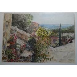 ITALIAANS LANDSCHAP * AQUAREL IN LIJST * Gesigneerd *