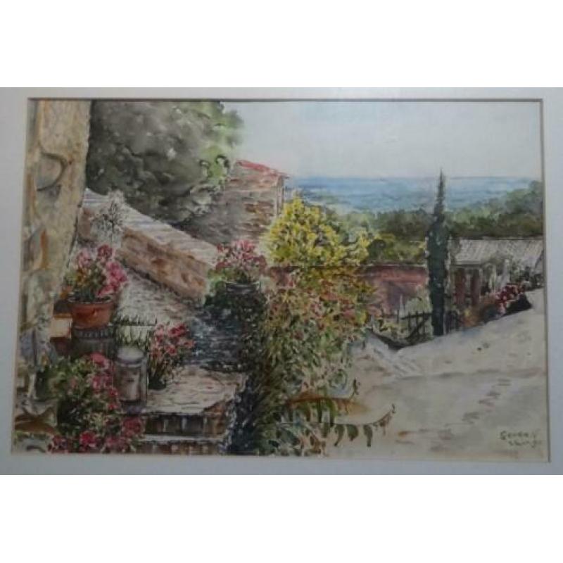 ITALIAANS LANDSCHAP * AQUAREL IN LIJST * Gesigneerd *