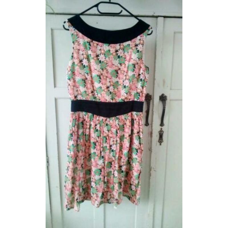Vintage, jurk, bloemen, retro, getailleerd, rits, maat S