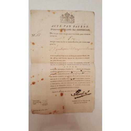 Acte van patent stad Amsterdam nr 65, 1806.Uniek antiek docu