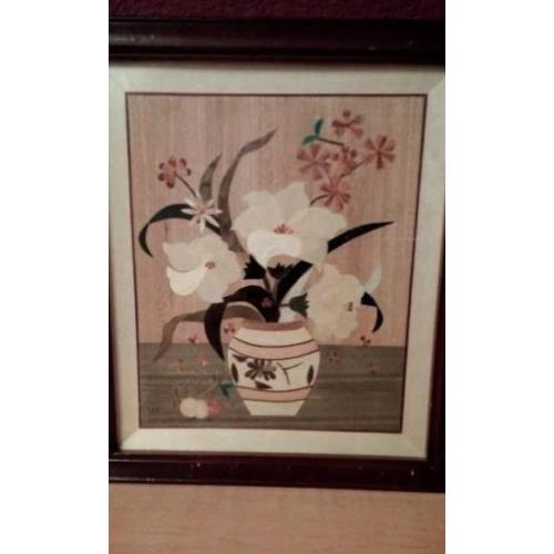 Hout marqueterie stilleven met de hand gesneden houtsoorten
