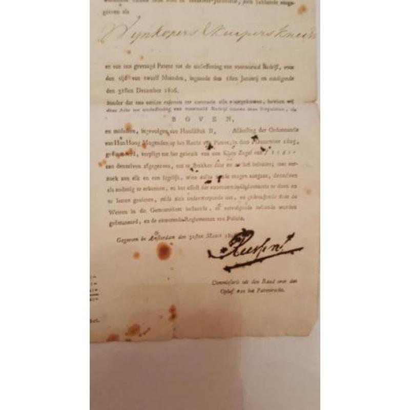 Acte van patent stad Amsterdam nr 65, 1806.Uniek antiek docu